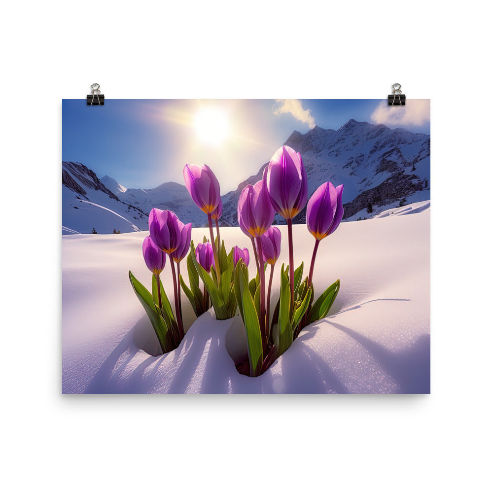 Tulpen im Schnee und in den Bergen - Blumen im Winter - Poster berge xxx 40.6 x 50.8 cm