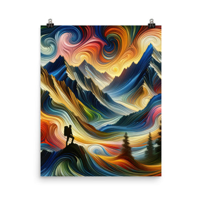 Abstraktes Kunstgemälde der Alpen mit wirbelnden, lebendigen Farben und dynamischen Mustern. Wanderer Silhouette - Enhanced Matte Paper wandern xxx yyy zzz 40.6 x 50.8 cm