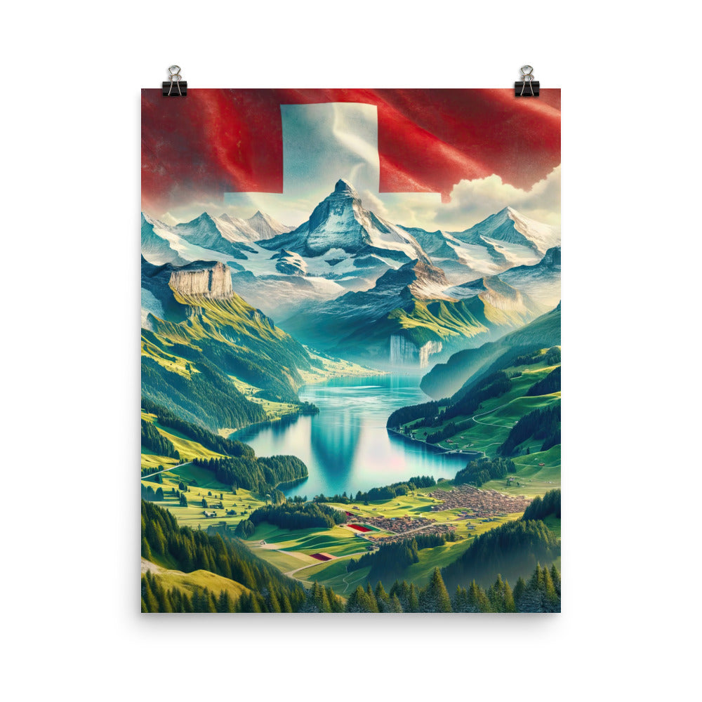 Berg Panorama: Schneeberge und Täler mit Schweizer Flagge - Poster berge xxx yyy zzz 40.6 x 50.8 cm