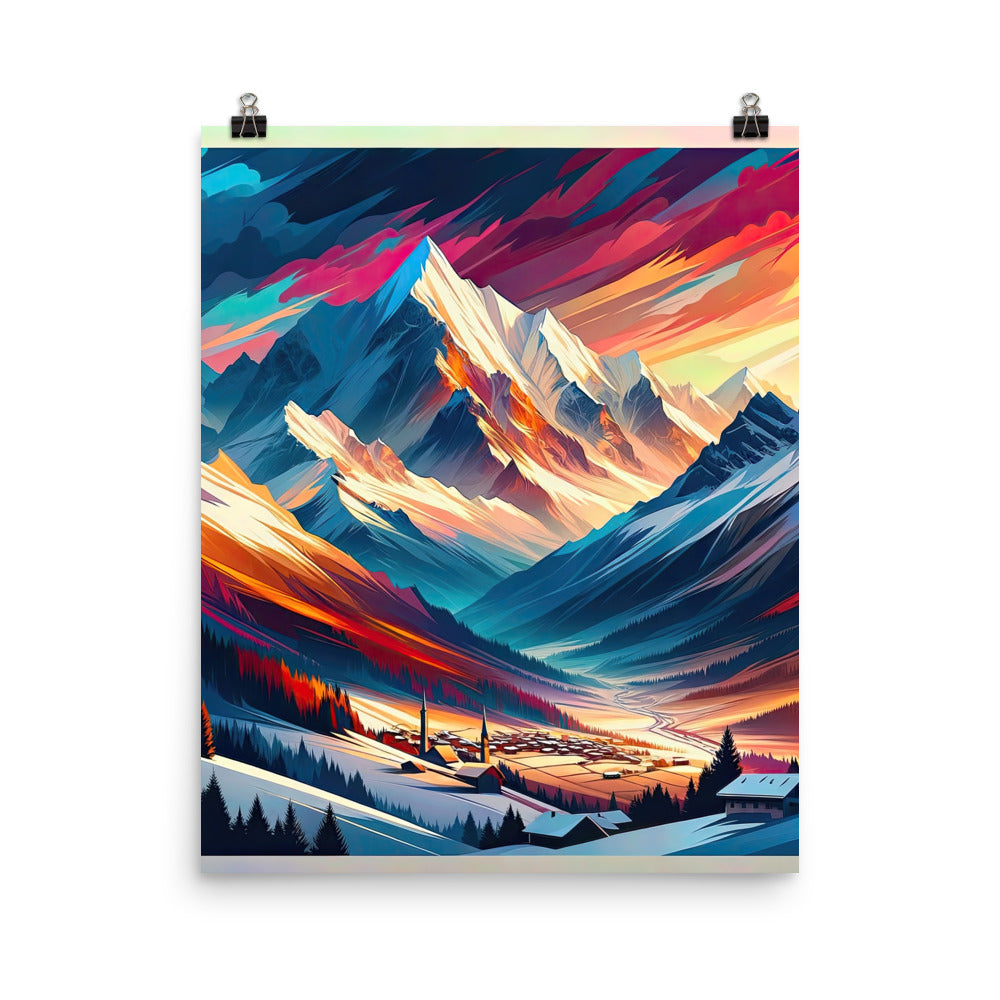 Moderne geometrische Alpen Kunst: Warmer Sonnenuntergangs Schein auf Schneegipfeln - Poster berge xxx yyy zzz 40.6 x 50.8 cm