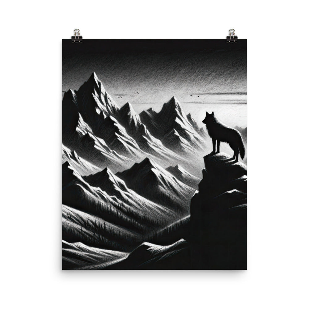 Kohlezeichnung, die die stille Stille der Alpen in der Winterdämmerung verkörpert. Wolf auf einem Berghügel (AN) - Enhanced Matte Paper xxx yyy zzz 40.6 x 50.8 cm