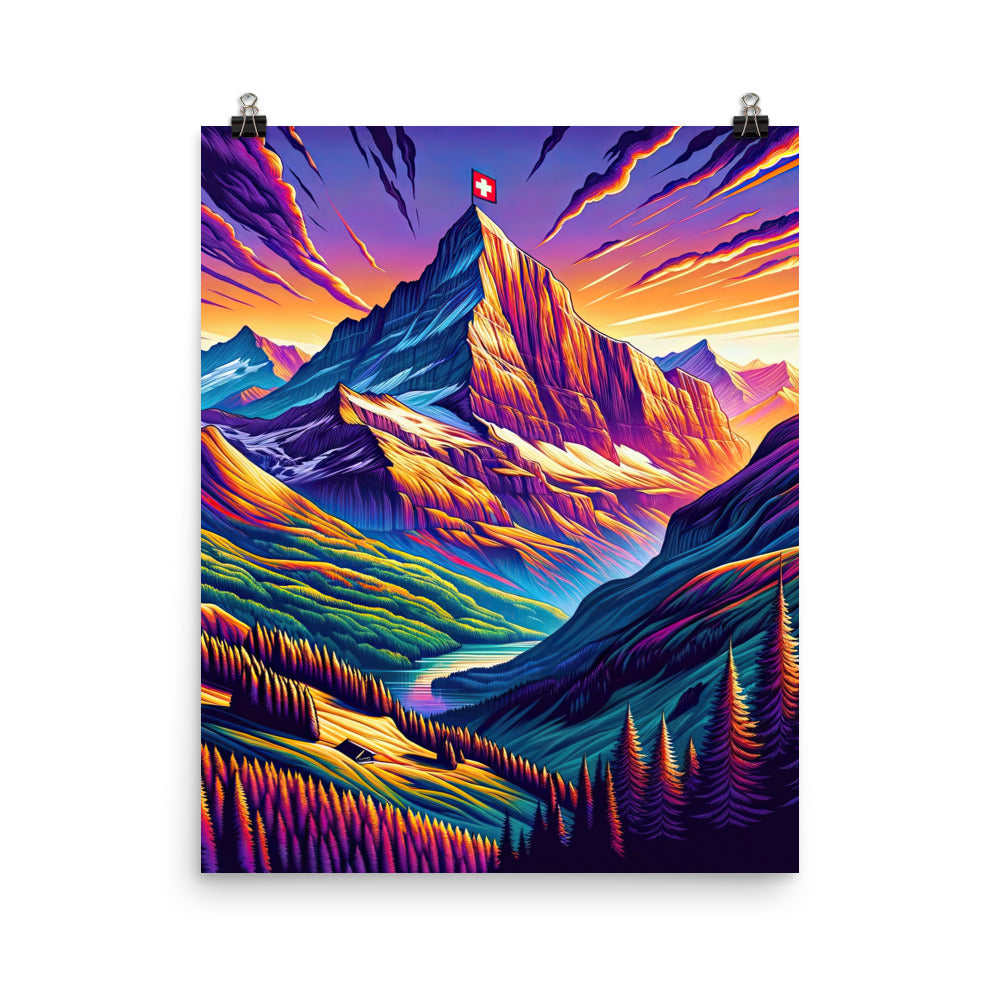 Bergpracht mit Schweizer Flagge: Farbenfrohe Illustration einer Berglandschaft - Poster berge xxx yyy zzz 40.6 x 50.8 cm