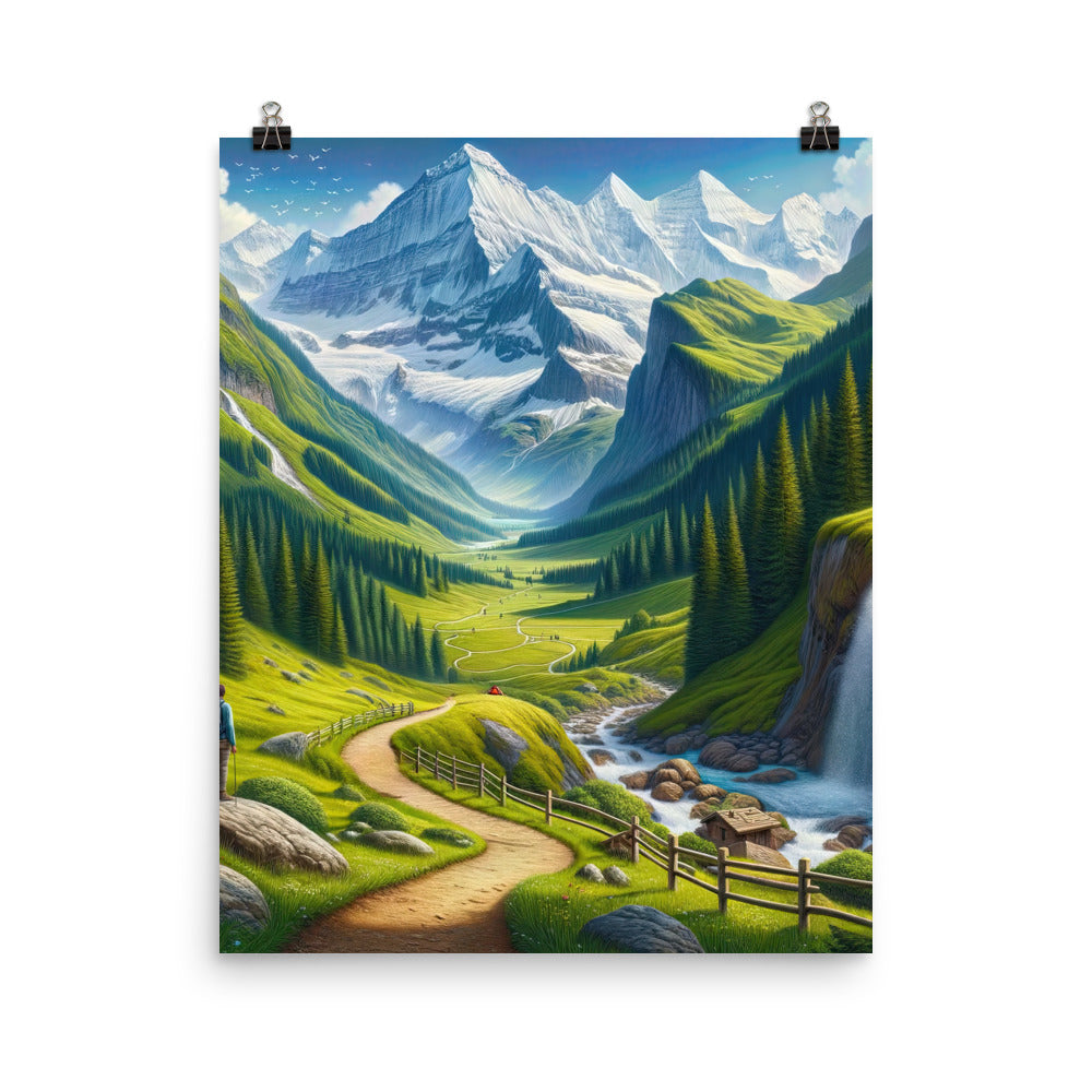 Wanderer in den Bergen und Wald: Digitale Malerei mit grünen kurvenreichen Pfaden - Poster wandern xxx yyy zzz 40.6 x 50.8 cm