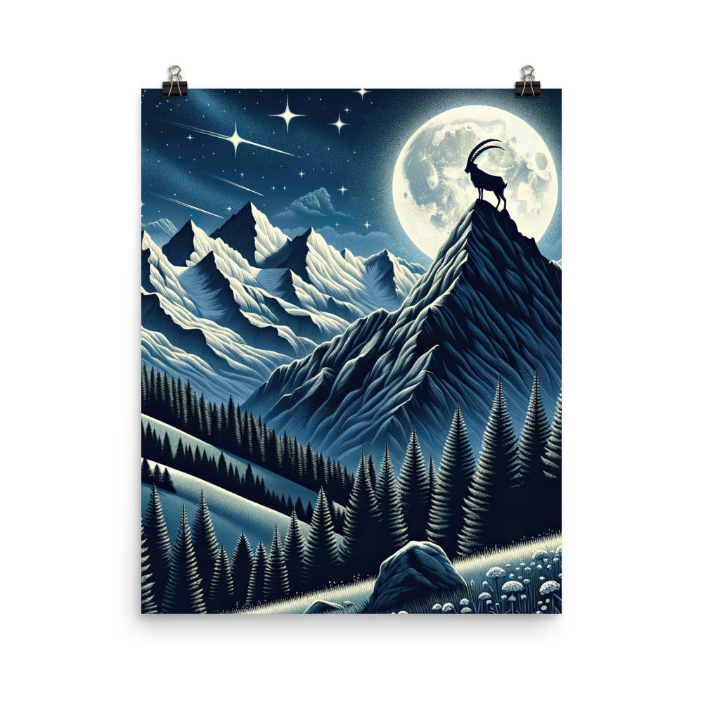 Steinbock in Alpennacht, silberne Berge und Sternenhimmel - Poster berge xxx yyy zzz 40.6 x 50.8 cm