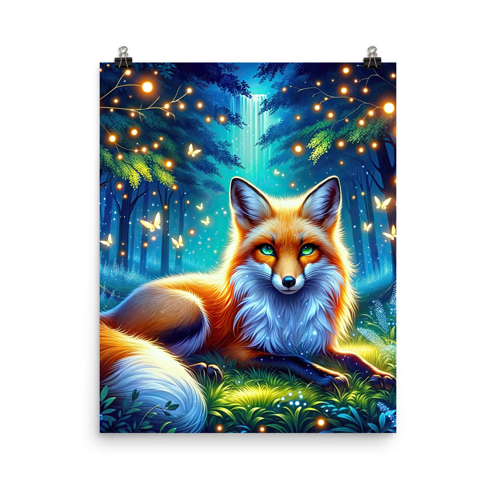 Funkelnder Nachtfuchs auf Waldlichtung mit Feuerwerk - Poster camping xxx yyy zzz 40.6 x 50.8 cm