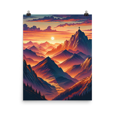 Dramatischer Alpen-Sonnenuntergang, Gipfelkreuz in Orange-Rosa - Poster berge xxx yyy zzz 40.6 x 50.8 cm