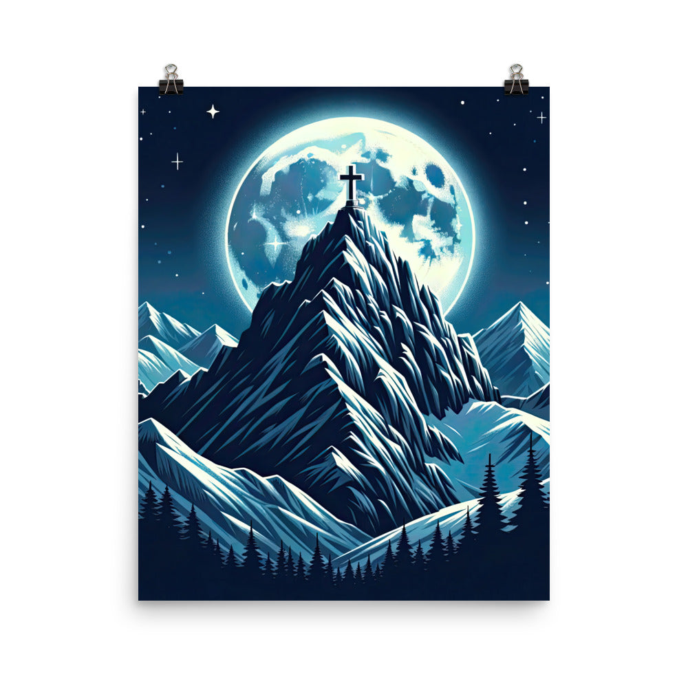 Mondnacht und Gipfelkreuz in den Alpen, glitzernde Schneegipfel - Poster berge xxx yyy zzz 40.6 x 50.8 cm
