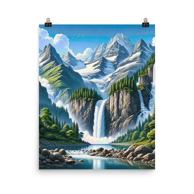 Illustration einer unberührten Alpenkulisse im Hochsommer. Wasserfall und See - Poster berge xxx yyy zzz 40.6 x 50.8 cm