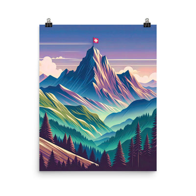 Harmonische Berglandschaft mit Schweizer Flagge auf Gipfel - Poster berge xxx yyy zzz 40.6 x 50.8 cm