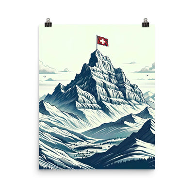 Ausgedehnte Bergkette mit dominierendem Gipfel und wehender Schweizer Flagge - Poster berge xxx yyy zzz 40.6 x 50.8 cm