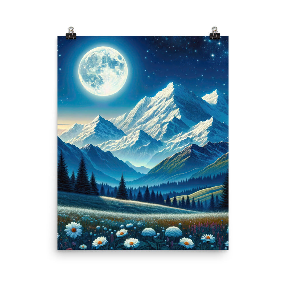 Klare frühlingshafte Alpennacht mit Blumen und Vollmond über Schneegipfeln - Poster berge xxx yyy zzz 40.6 x 50.8 cm