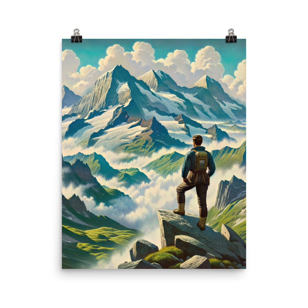 Panoramablick der Alpen mit Wanderer auf einem Hügel und schroffen Gipfeln - Poster wandern xxx yyy zzz 40.6 x 50.8 cm