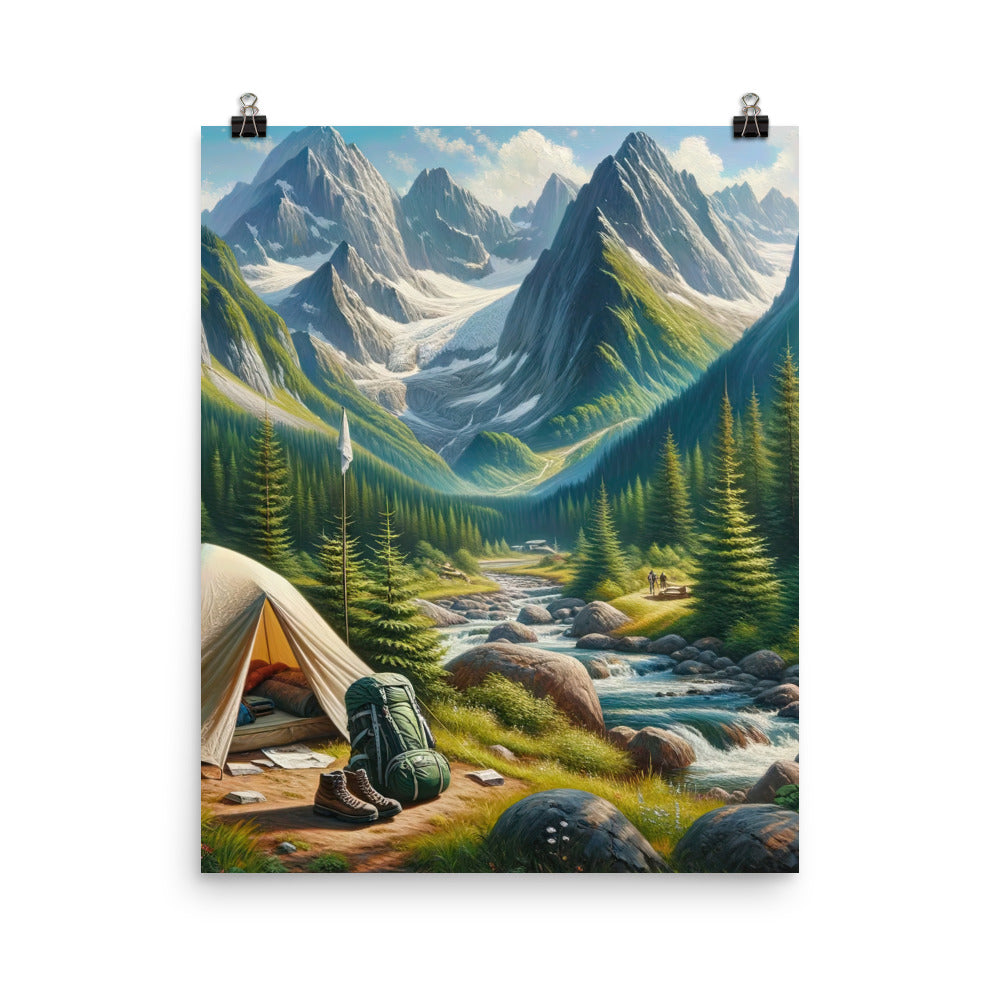Ölgemälde der Alpensommerlandschaft mit Zelt, Gipfeln, Wäldern und Bächen - Poster camping xxx yyy zzz 40.6 x 50.8 cm