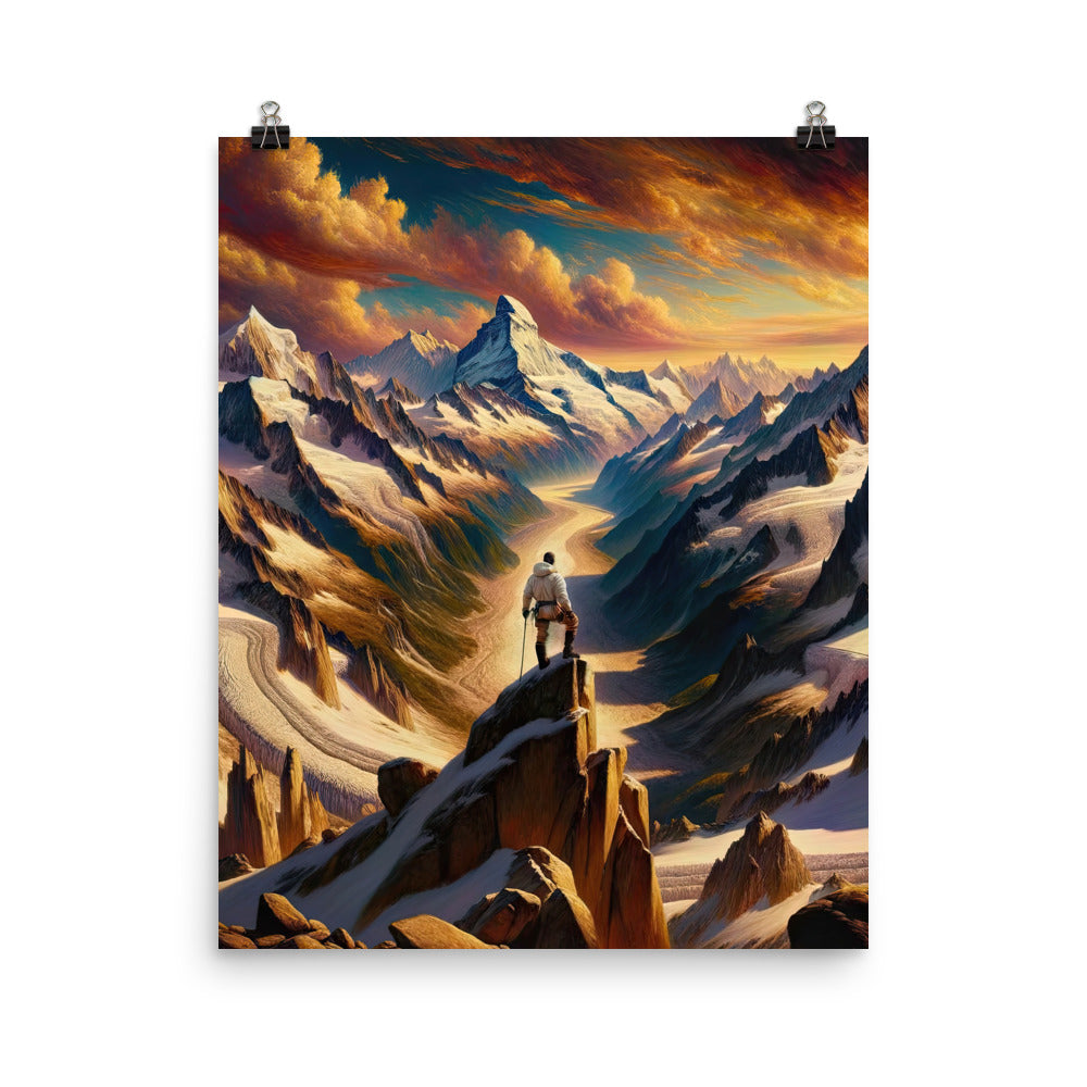 Ölgemälde eines Wanderers auf einem Hügel mit Panoramablick auf schneebedeckte Alpen und goldenen Himmel - Enhanced Matte Paper Poster wandern xxx yyy zzz 40.6 x 50.8 cm