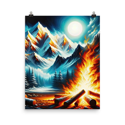 Ölgemälde von Feuer und Eis: Lagerfeuer und Alpen im Kontrast, warme Flammen - Poster camping xxx yyy zzz 40.6 x 50.8 cm