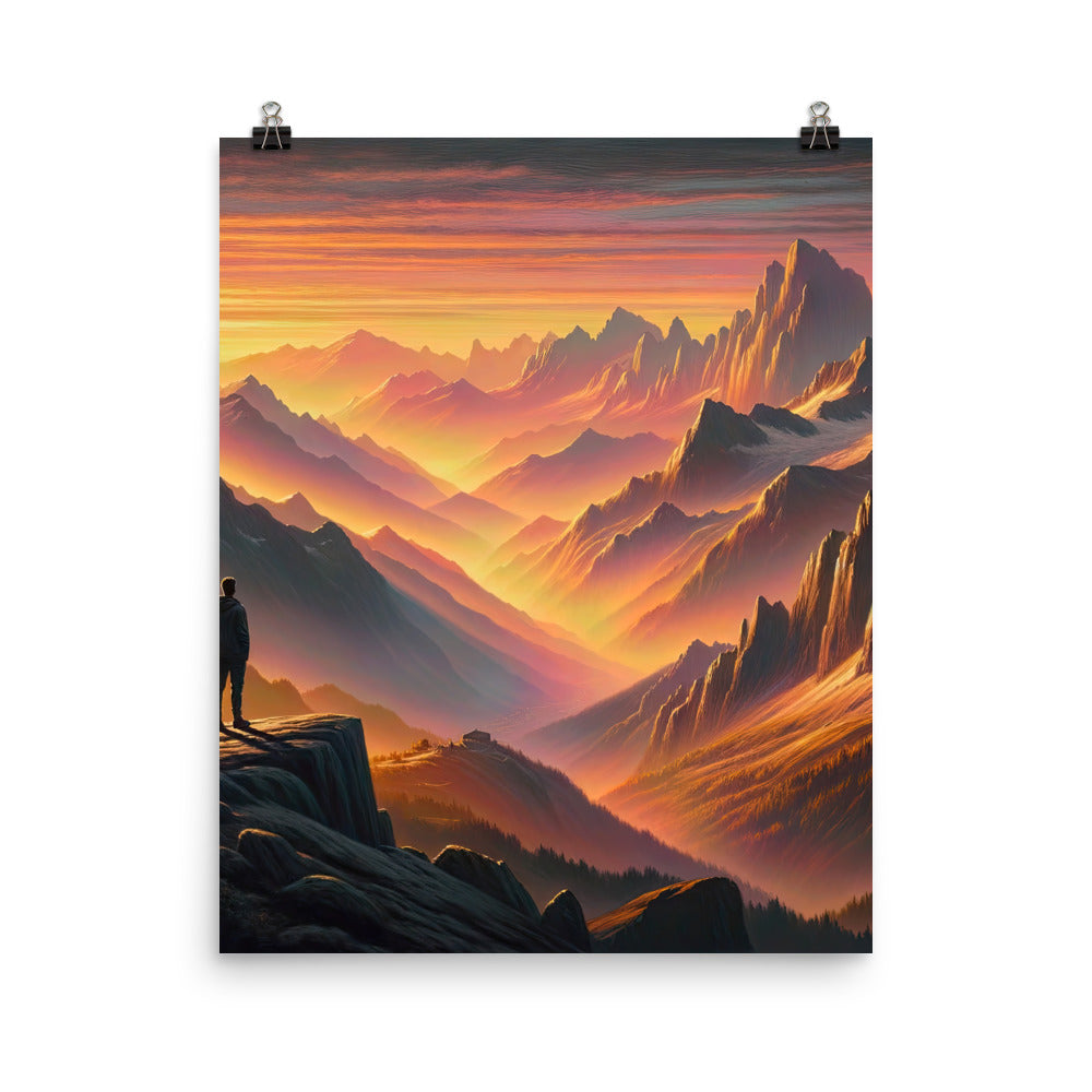 Ölgemälde der Alpen in der goldenen Stunde mit Wanderer, Orange-Rosa Bergpanorama - Poster wandern xxx yyy zzz 40.6 x 50.8 cm