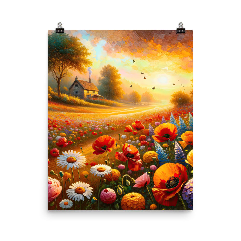 Ölgemälde eines Blumenfeldes im Sonnenuntergang, leuchtende Farbpalette - Poster camping xxx yyy zzz 40.6 x 50.8 cm