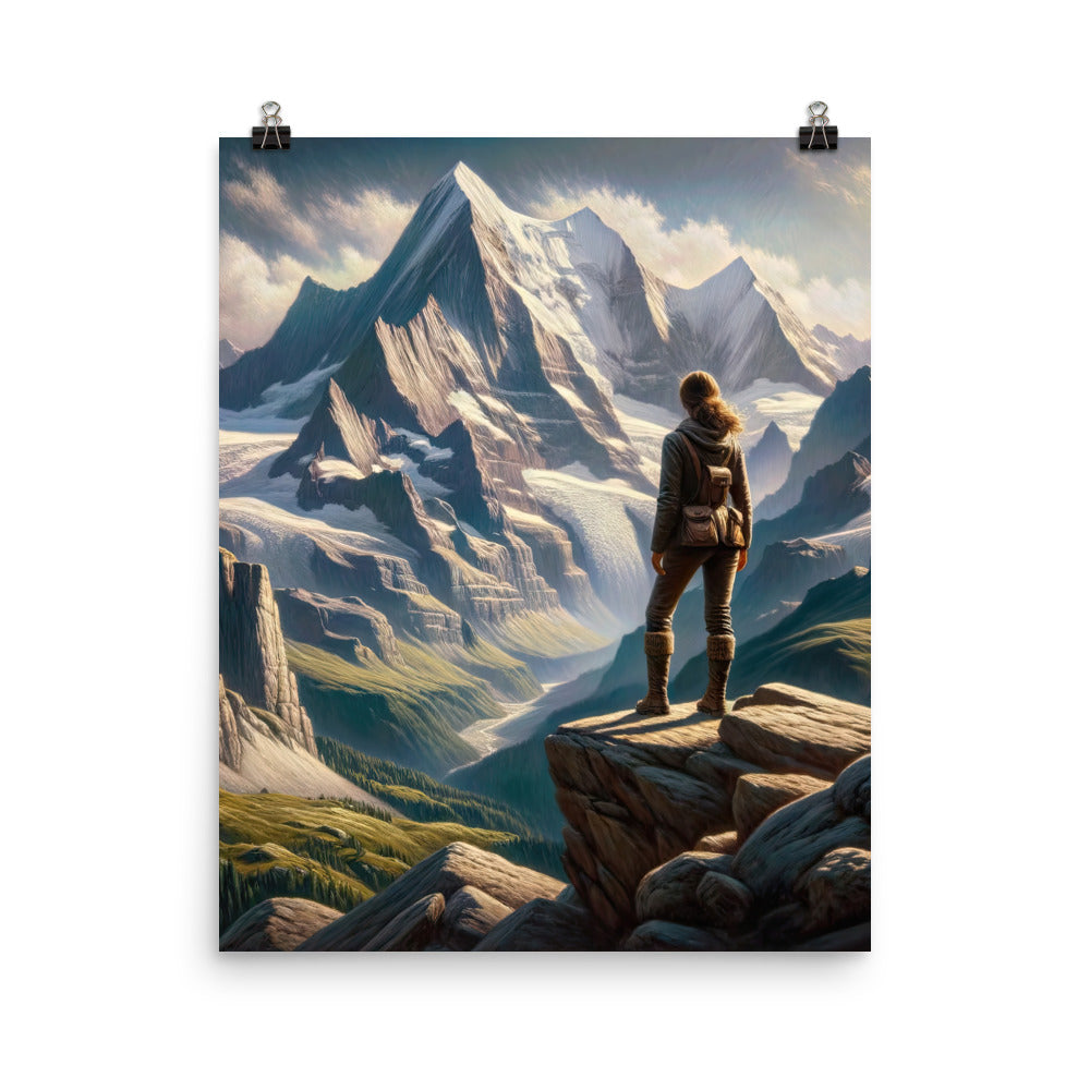 Ölgemälde der Alpengipfel mit Schweizer Abenteurerin auf Felsvorsprung - Poster wandern xxx yyy zzz 40.6 x 50.8 cm