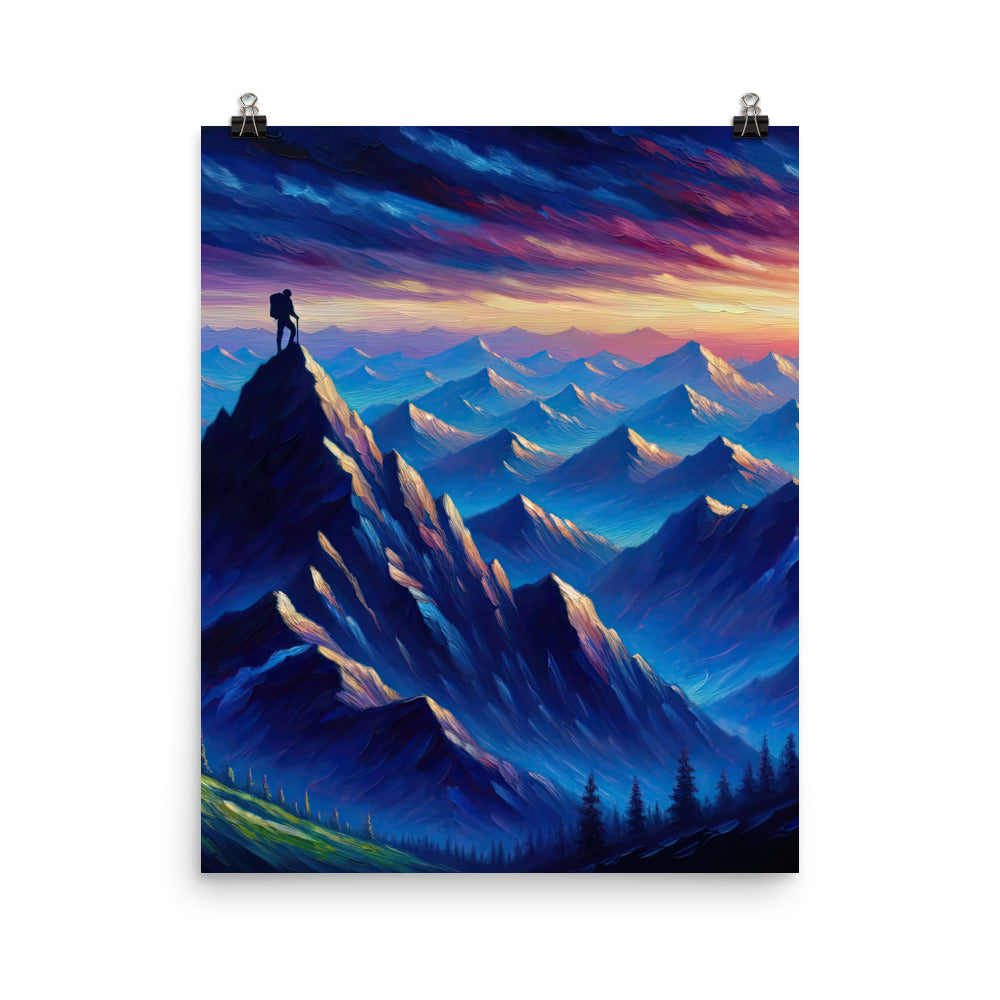 Ölgemälde eines ruhigen Alpenabends mit Bergsteigersilhouette auf dem Gipfel - Poster wandern xxx yyy zzz 40.6 x 50.8 cm