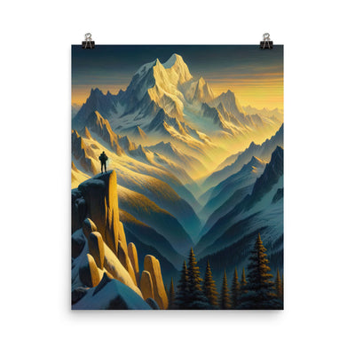 Ölgemälde eines Wanderers bei Morgendämmerung auf Alpengipfeln mit goldenem Sonnenlicht - Poster wandern xxx yyy zzz 40.6 x 50.8 cm