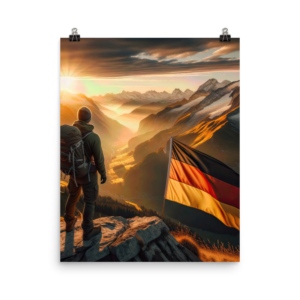 Foto der Alpen bei Sonnenuntergang mit deutscher Flagge und Wanderer, goldenes Licht auf Schneegipfeln - Enhanced Matte Paper Poster berge xxx yyy zzz 40.6 x 50.8 cm