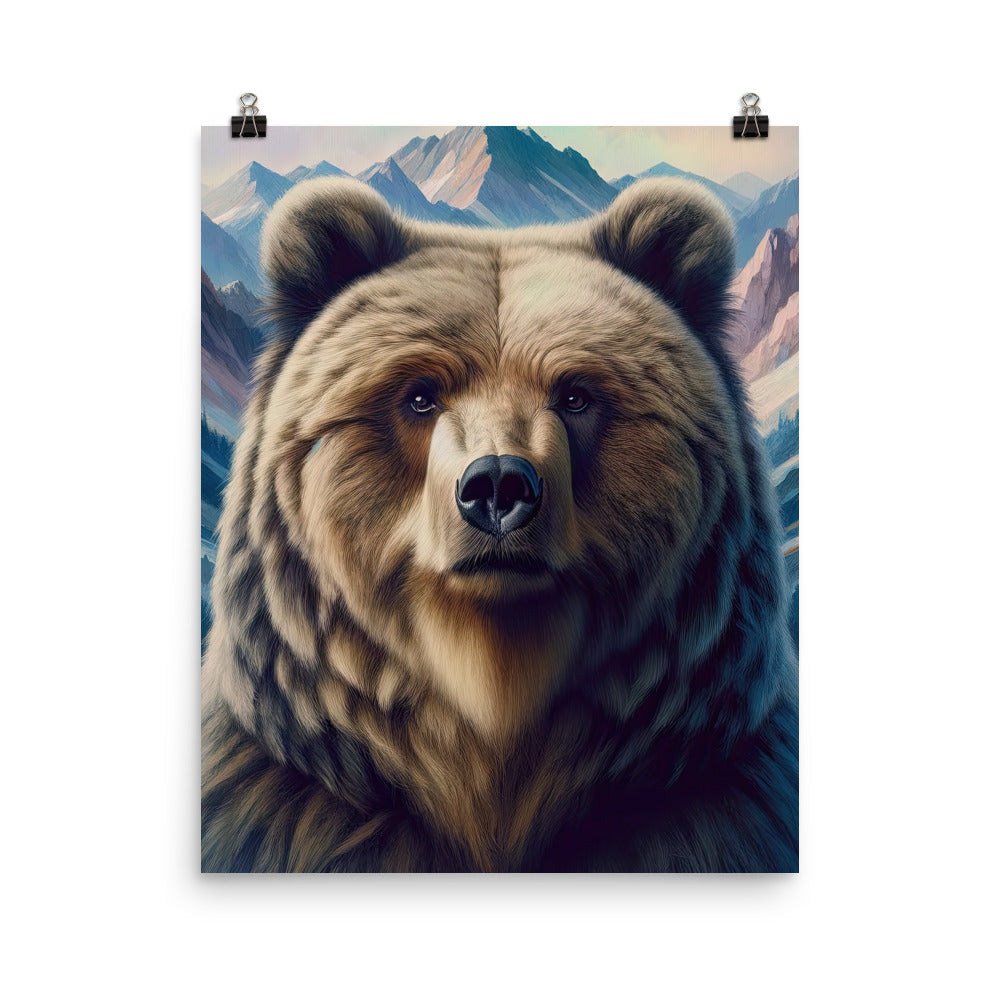 Foto eines Bären vor abstrakt gemalten Alpenbergen, Oberkörper im Fokus - Poster camping xxx yyy zzz 40.6 x 50.8 cm