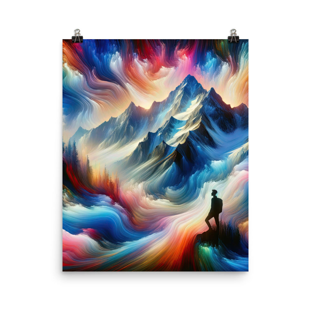 Foto eines abstrakt-expressionistischen Alpengemäldes mit Wanderersilhouette - Poster wandern xxx yyy zzz 40.6 x 50.8 cm