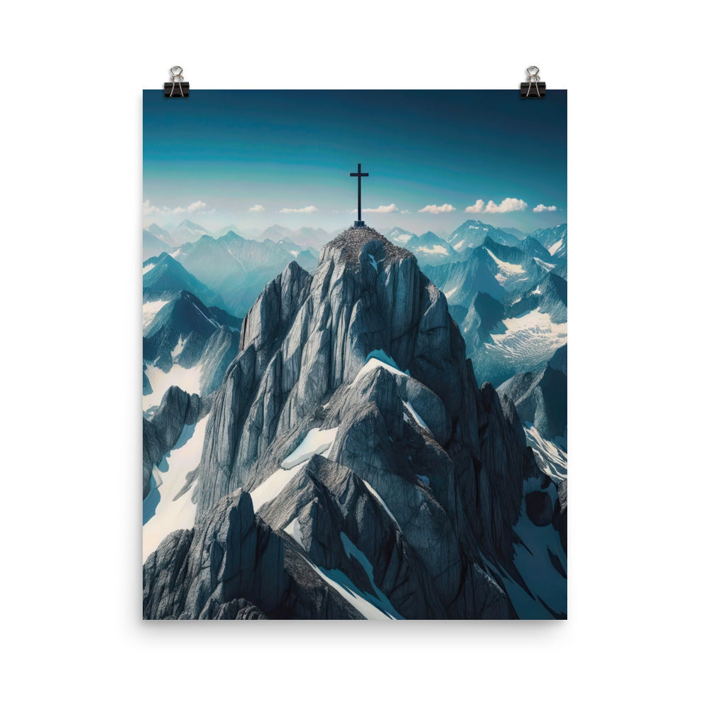 Foto der Alpen mit Gipfelkreuz an einem klaren Tag, schneebedeckte Spitzen vor blauem Himmel - Poster berge xxx yyy zzz 40.6 x 50.8 cm