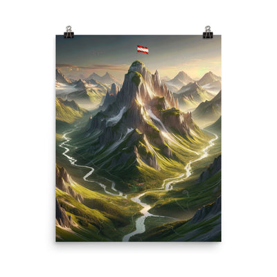 Fotorealistisches Bild der Alpen mit österreichischer Flagge, scharfen Gipfeln und grünen Tälern - Poster berge xxx yyy zzz 40.6 x 50.8 cm