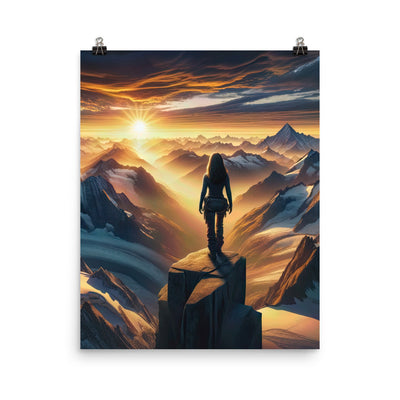 Fotorealistische Darstellung der Alpen bei Sonnenaufgang, Wanderin unter einem gold-purpurnen Himmel - Poster wandern xxx yyy zzz 40.6 x 50.8 cm