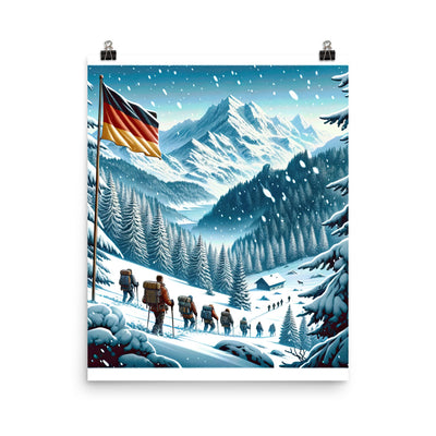 Quadratische Winterillustration der Alpen mit deutscher Flagge und Wanderteam - Poster wandern xxx yyy zzz 40.6 x 50.8 cm