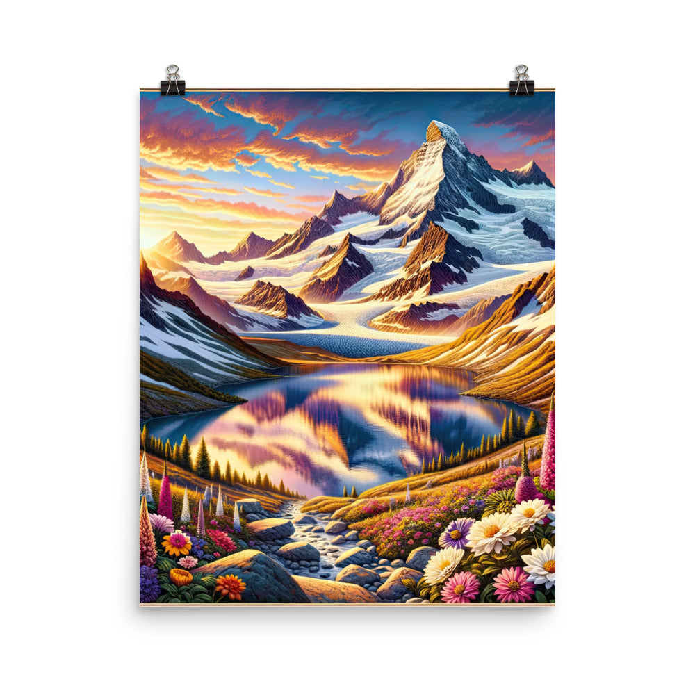 Quadratische Illustration der Alpen mit schneebedeckten Gipfeln und Wildblumen - Poster berge xxx yyy zzz 40.6 x 50.8 cm