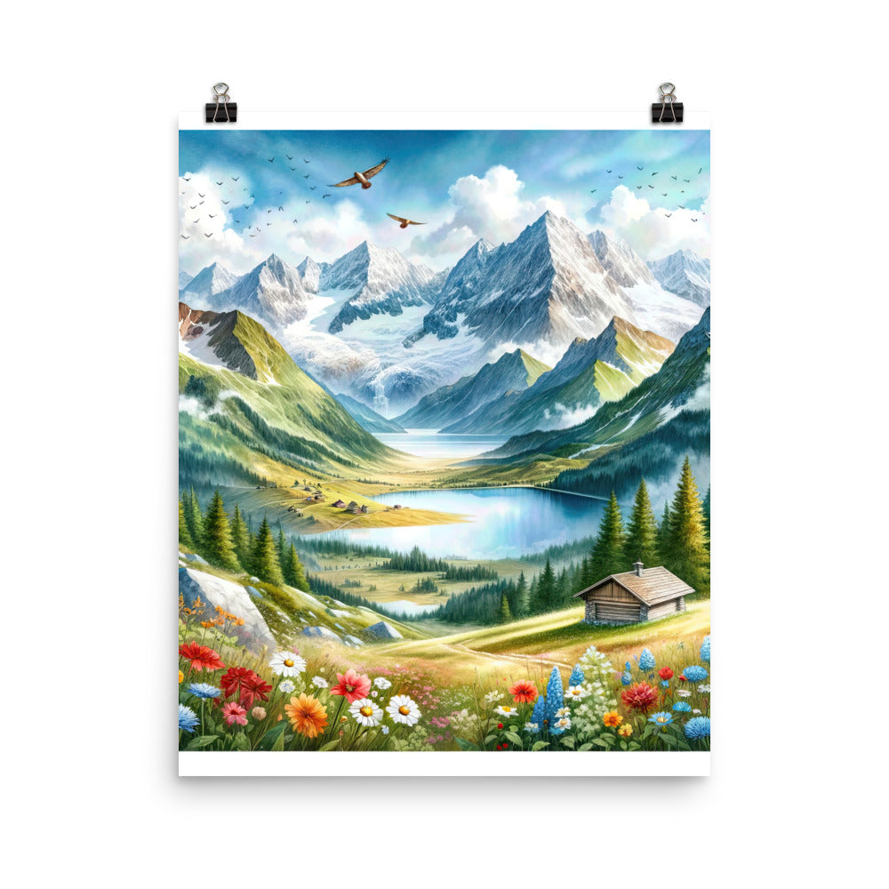 Quadratisches Aquarell der Alpen, Berge mit schneebedeckten Spitzen - Poster berge xxx yyy zzz 40.6 x 50.8 cm
