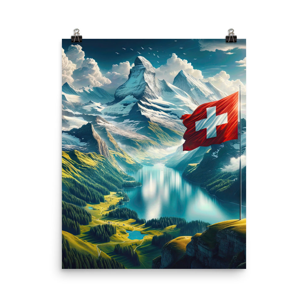 Ultraepische, fotorealistische Darstellung der Schweizer Alpenlandschaft mit Schweizer Flagge - Poster berge xxx yyy zzz 40.6 x 50.8 cm