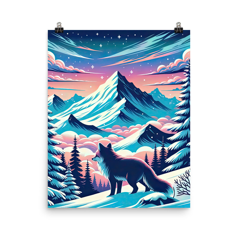 Vektorgrafik eines alpinen Winterwunderlandes mit schneebedeckten Kiefern und einem Fuchs - Poster camping xxx yyy zzz 40.6 x 50.8 cm