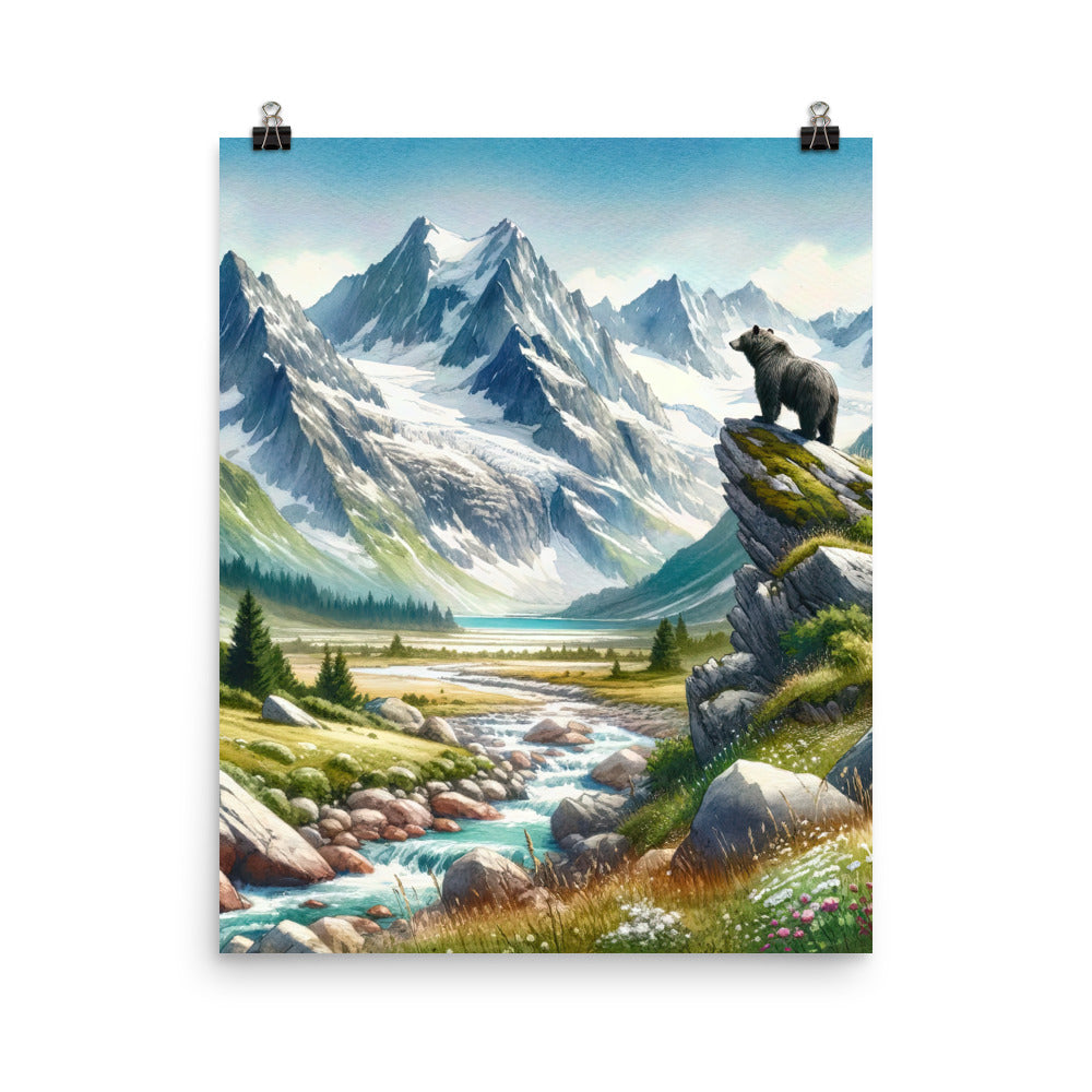Aquarellmalerei eines Bären und der sommerlichen Alpenschönheit mit schneebedeckten Ketten - Poster camping xxx yyy zzz 40.6 x 50.8 cm