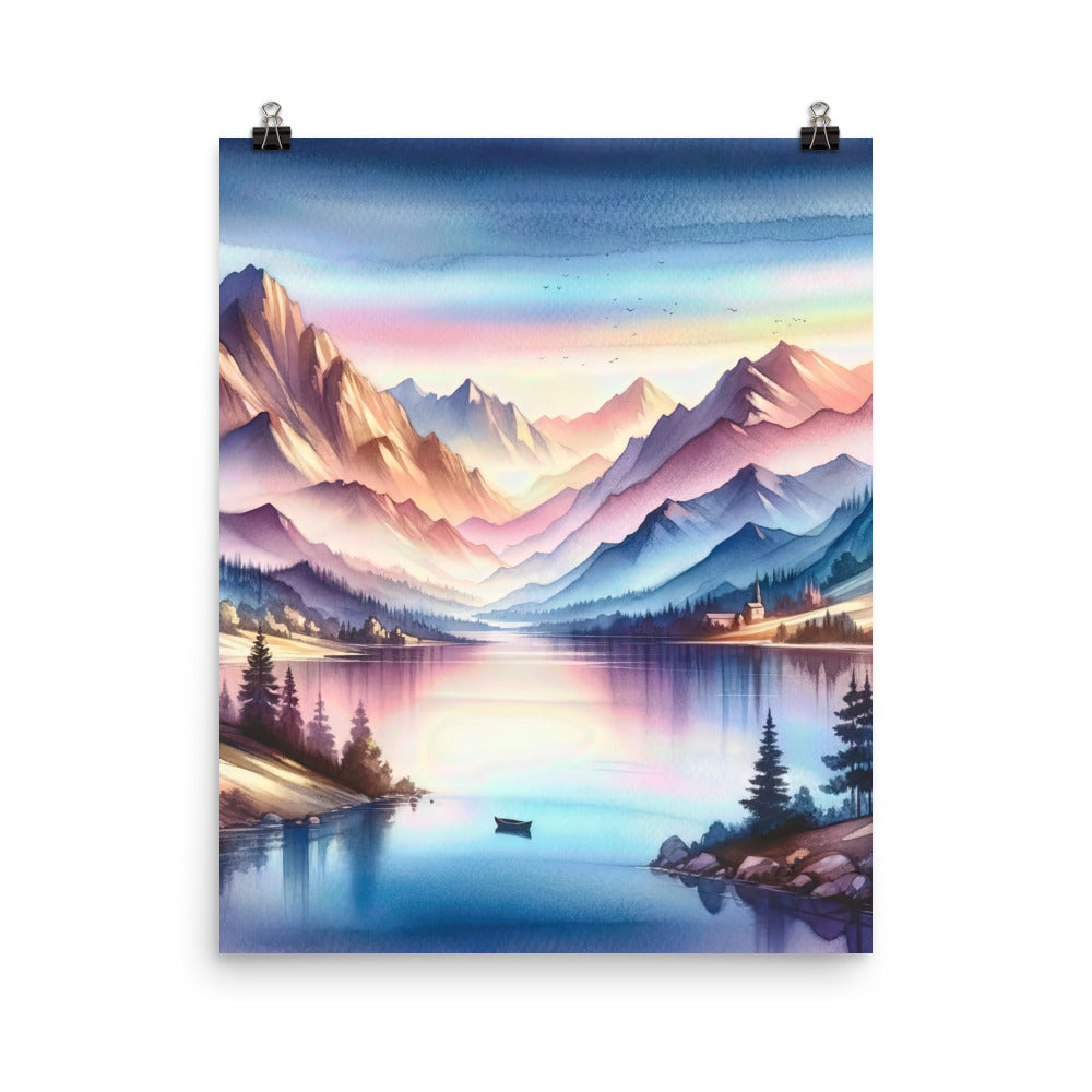 Aquarell einer Dämmerung in den Alpen, Boot auf einem See in Pastell-Licht - Poster berge xxx yyy zzz 40.6 x 50.8 cm