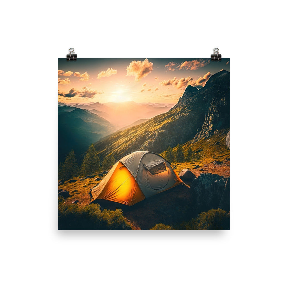 Zelt auf Berg im Sonnenaufgang - Landschafts - Poster camping xxx 45.7 x 45.7 cm