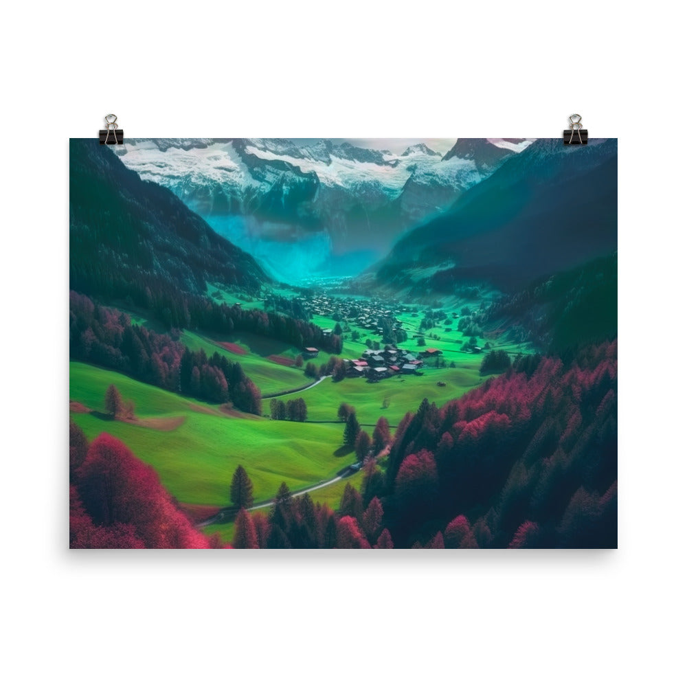 Berglandschaft und Dorf - Fotorealistische Malerei - Poster berge xxx 45.7 x 61 cm