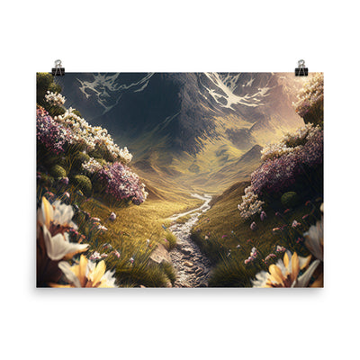 Epischer Berg, steiniger Weg und Blumen - Realistische Malerei - Poster berge xxx 45.7 x 61 cm