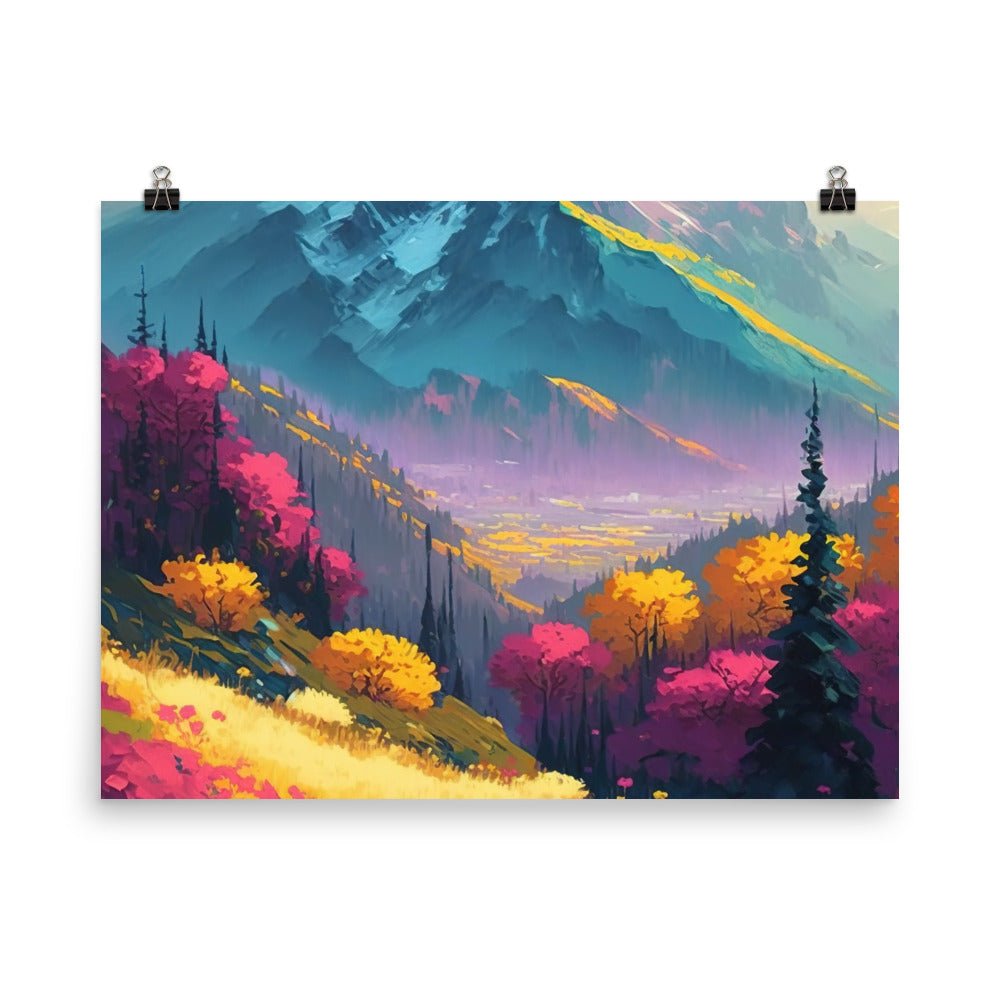 Berge, pinke und gelbe Bäume, sowie Blumen - Farbige Malerei - Poster berge xxx 45.7 x 61 cm