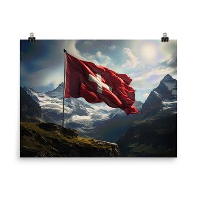 Schweizer Flagge und Berge im Hintergrund - Fotorealistische Malerei - Poster berge xxx 45.7 x 61 cm