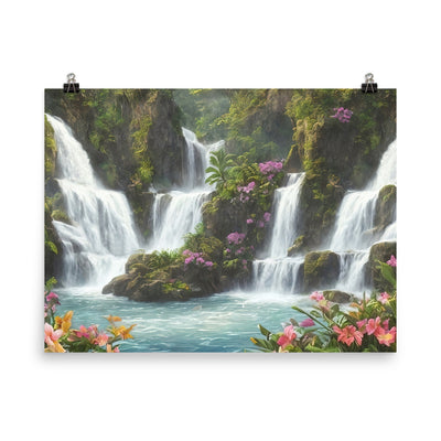 Wasserfall im Wald und Blumen - Schöne Malerei - Poster camping xxx 45.7 x 61 cm