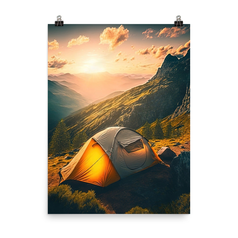 Zelt auf Berg im Sonnenaufgang - Landschafts - Poster camping xxx 45.7 x 61 cm