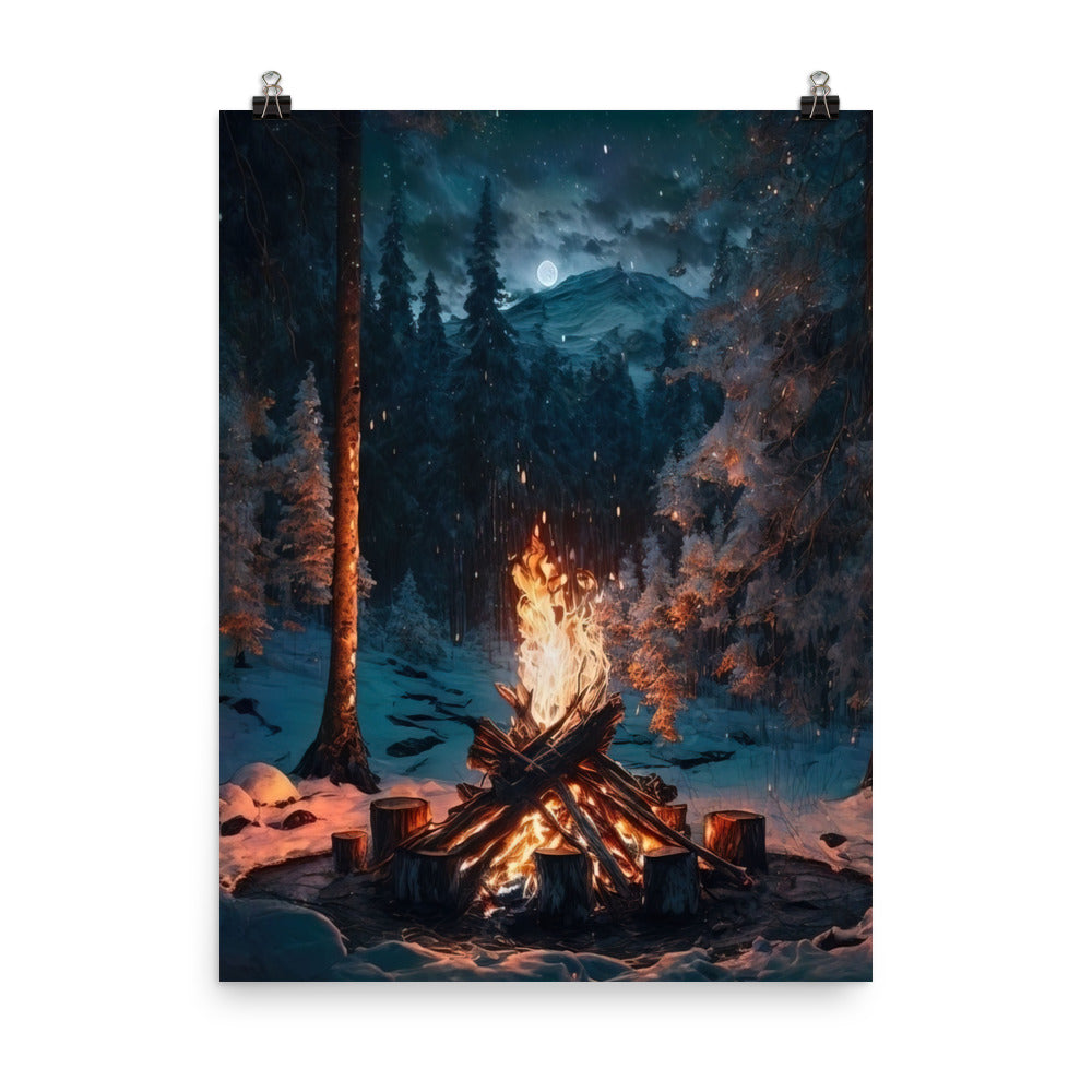 Lagerfeuer beim Camping - Wald mit Schneebedeckten Bäumen - Malerei - Poster camping xxx 45.7 x 61 cm