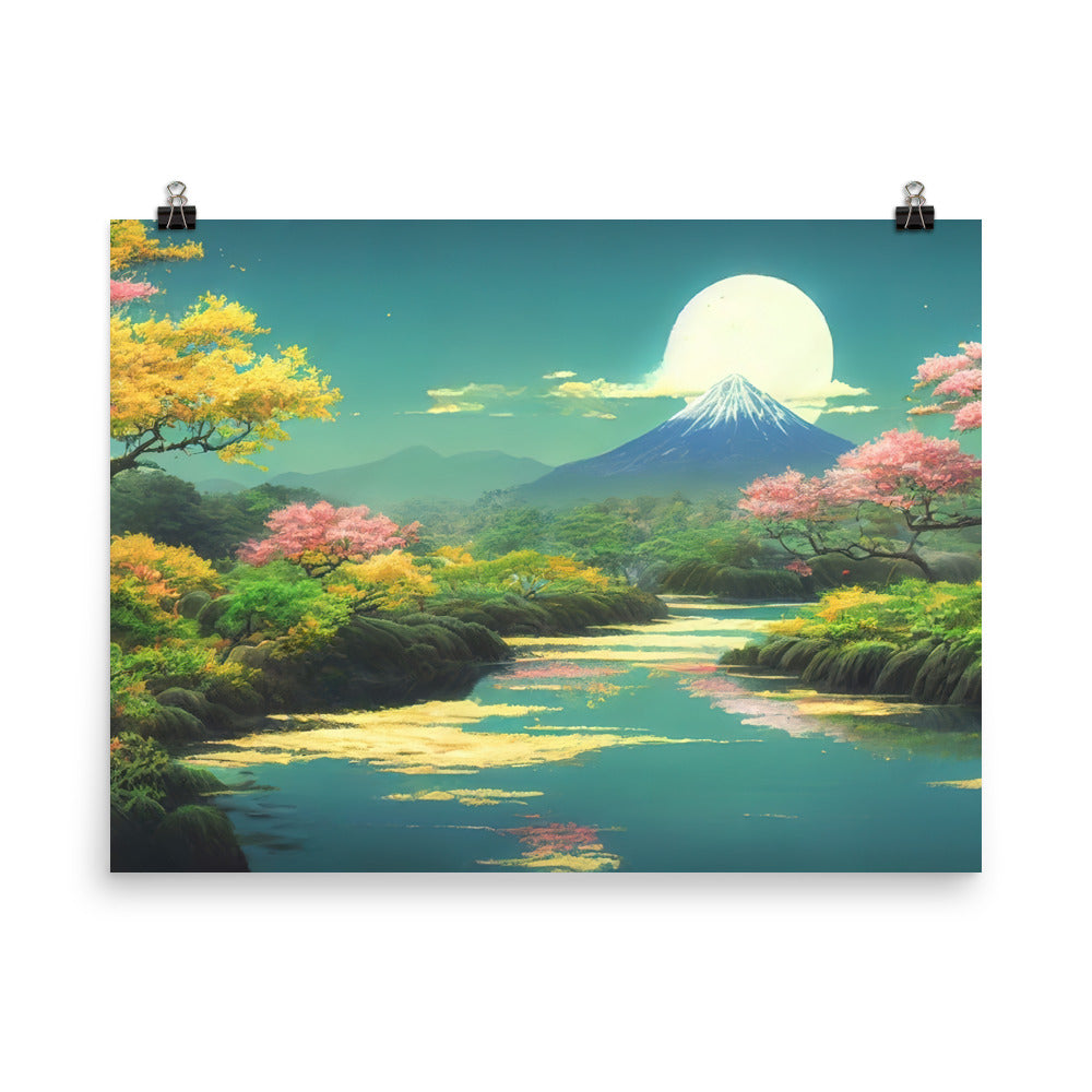 Berg, See und Wald mit pinken Bäumen - Landschaftsmalerei - Poster berge xxx 45.7 x 61 cm