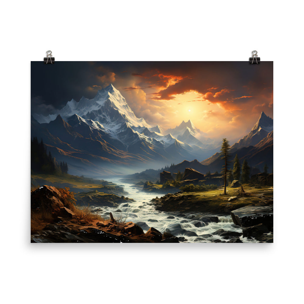 Berge, Sonne, steiniger Bach und Wolken - Epische Stimmung - Poster berge xxx 45.7 x 61 cm