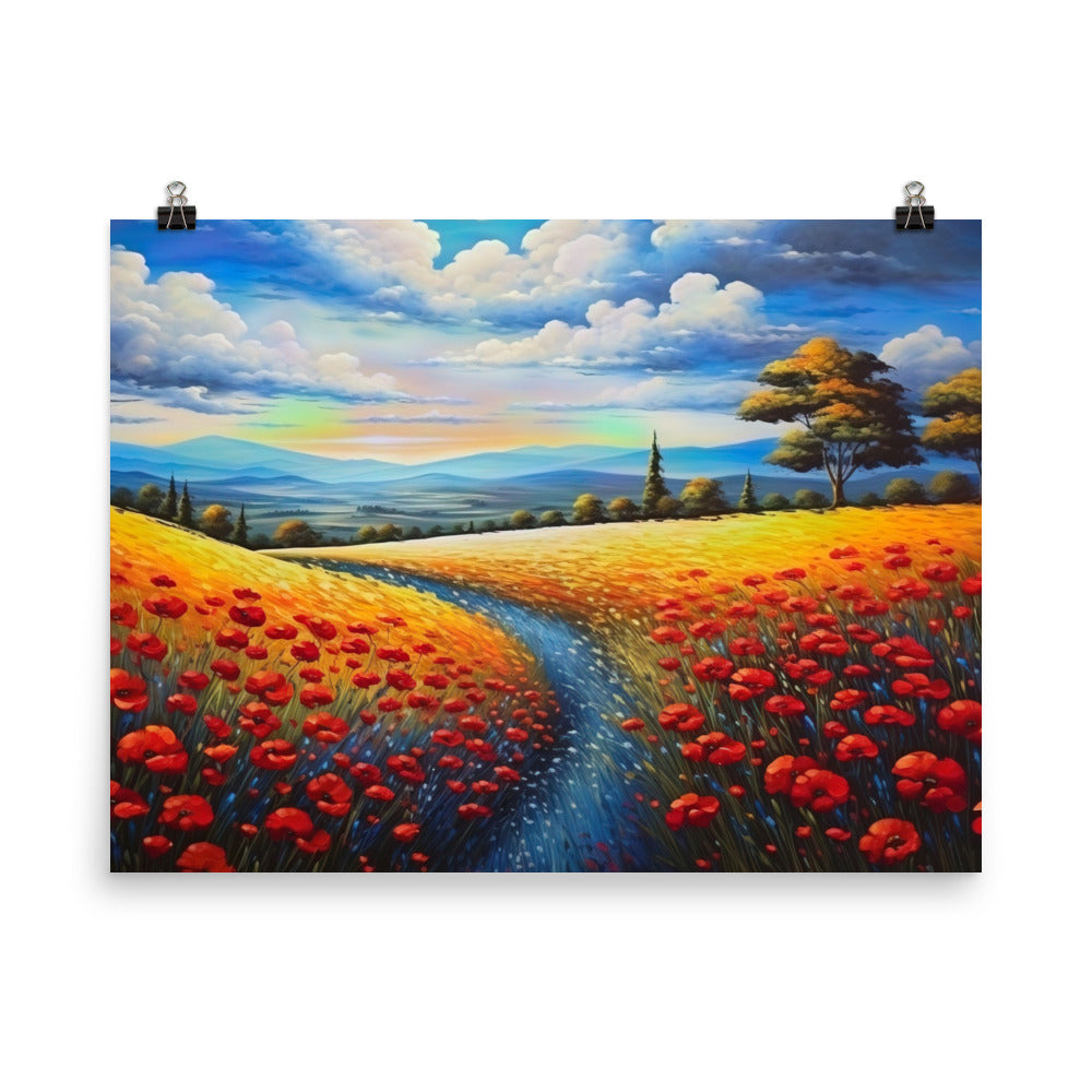 Feld mit roten Blumen und Berglandschaft - Landschaftsmalerei - Poster berge xxx 45.7 x 61 cm