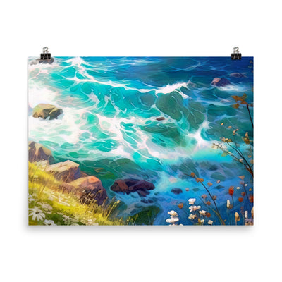 Berge, Blumen, Fluss und Steine - Malerei - Poster camping xxx 45.7 x 61 cm