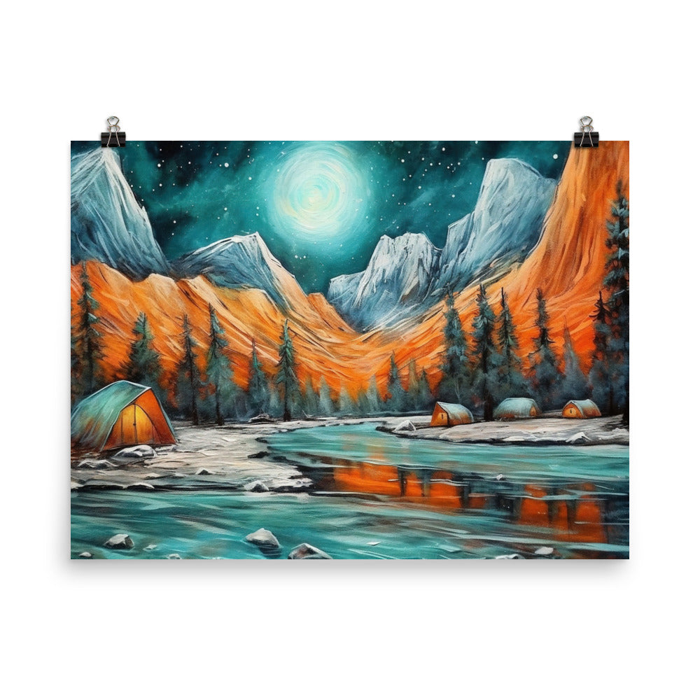 Berglandschaft und Zelte - Nachtstimmung - Landschaftsmalerei - Poster camping xxx 45.7 x 61 cm
